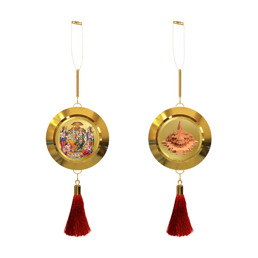 Diviniti 24K Gold Plated Double-Sided Ram Darbar & Temple Car Dangler (5.5 cm) | Divine Hanging Car Decor for Protection, Positive Energy & Spiritual Blessings