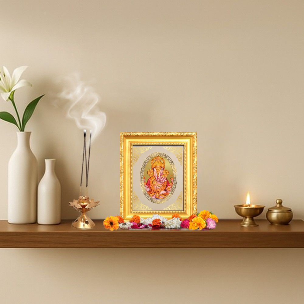 Dagdu Sheth Ganpati Divine Pune Sacred Prosperity & Blessings Royal Tabletop Frame in 24K Gold Plated Foil