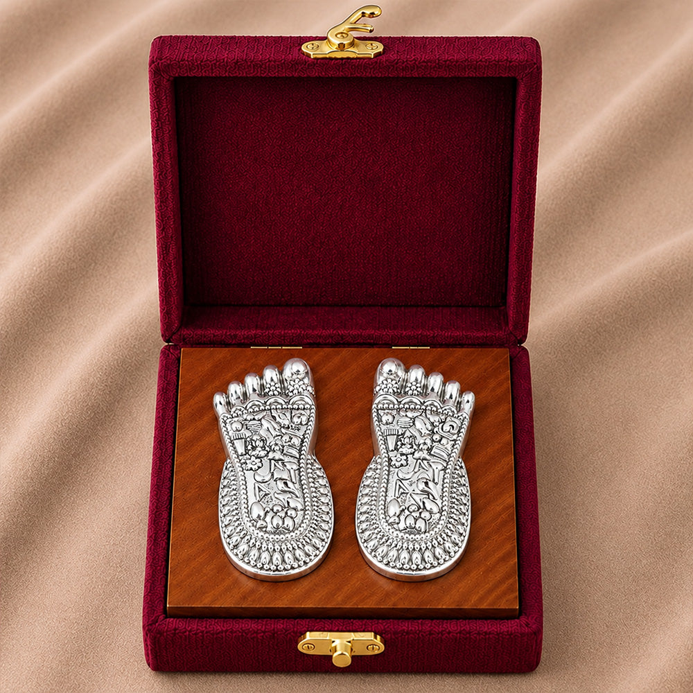 999 Silver-Plated Lakshmi Charan Paduka | Premium Gift Box | 7x3 CM