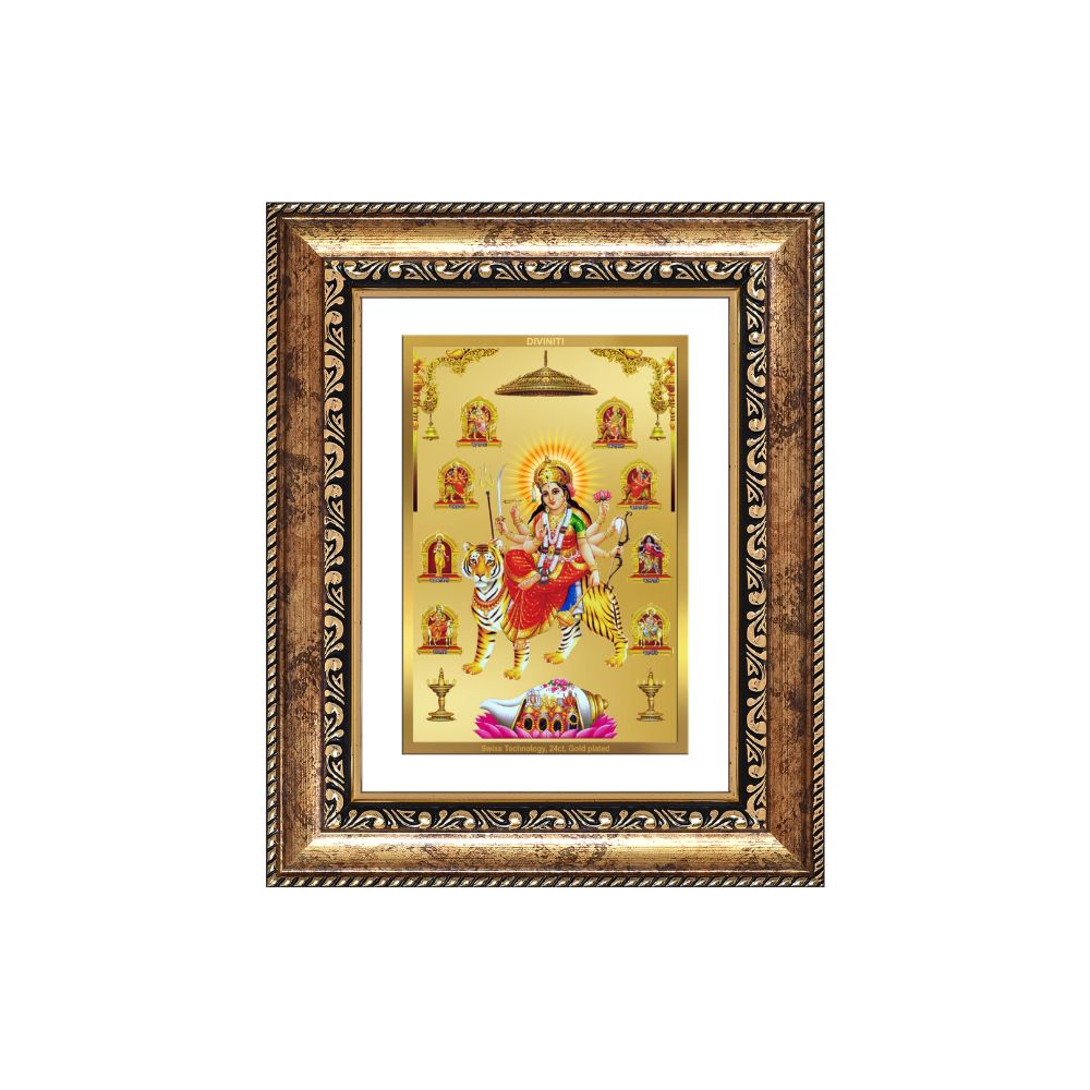 Diviniti 24K Gold Plated Nav Durga (Classic) Divine Wall and Table Top Frame for Home Mandir & Office Decor | Luxury Spiritual Gift