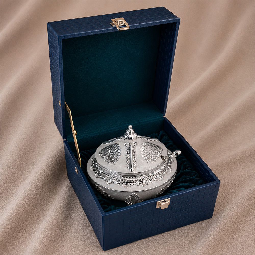 Diviniti Premium Silver-Plated Decorative Sugar Pot | White Enamel Lidded Bowl for Festive Serving & Home Décor
