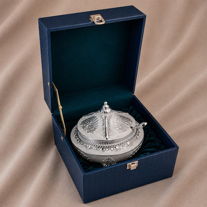 Diviniti Premium Silver-Plated Decorative Sugar Pot | White Enamel Lidded Bowl for Festive Serving & Home Décor