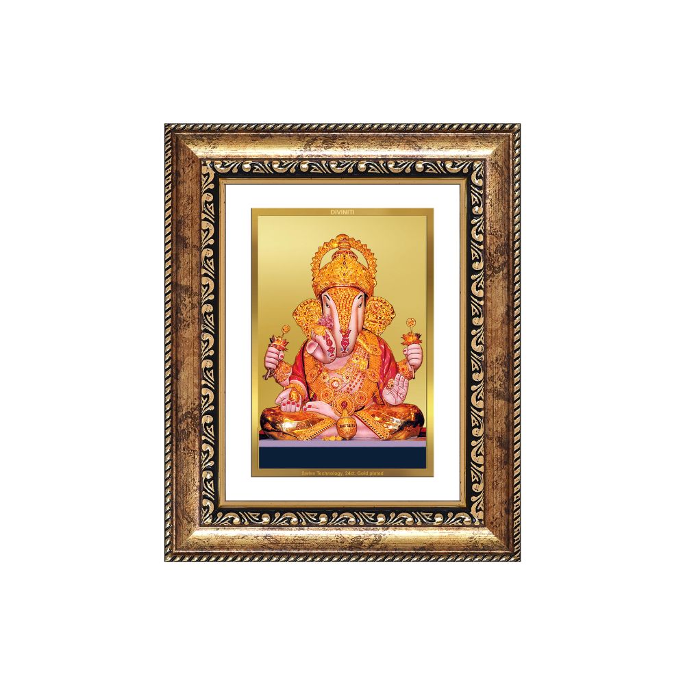 Diviniti 24K Gold Plated Dagadu Ganesha (Classic) Divine Wall and Table Top Frame for Home Mandir & Office Decor | Luxury Spiritual Gift