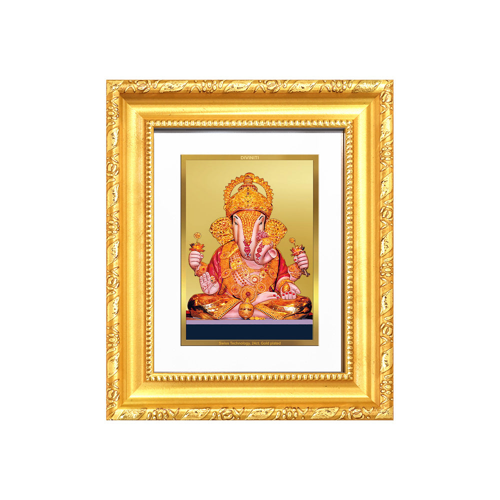DIVINITI 24K Gold Plated Foil Dagdu Ganesha Photo Frame for Home Decor, Prosperity, Luck DG 103 Size 1 (15.3x14.9 CM)