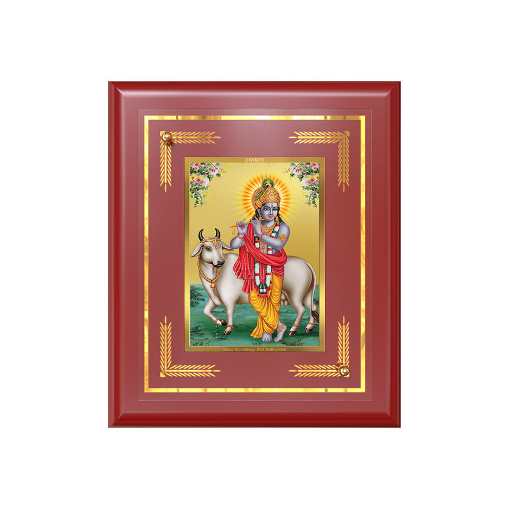 Diviniti 24K Gold Plated Lord Krishna with Surbhi Cow Blessing Tabletop Photo Frame | Love, Compassion & Divine Grace