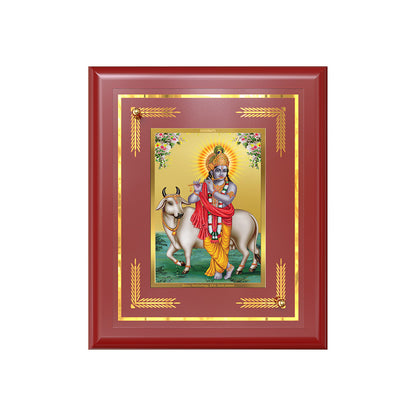 Diviniti 24K Gold Plated Lord Krishna with Surbhi Cow Blessing Tabletop Photo Frame | Love, Compassion & Divine Grace