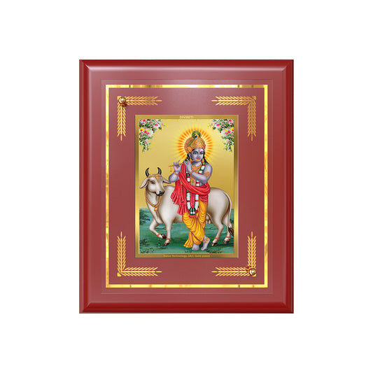 Diviniti 24K Gold Plated Lord Krishna with Surbhi Cow Blessing Tabletop Photo Frame | Love, Compassion & Divine Grace