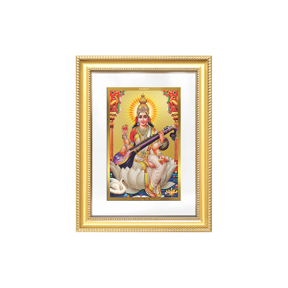 Diviniti 24K Gold Plated Saraswati Mata (Classic) Divine Wall Frame for Home Mandir & Office Decor | Luxury Spiritual Gift