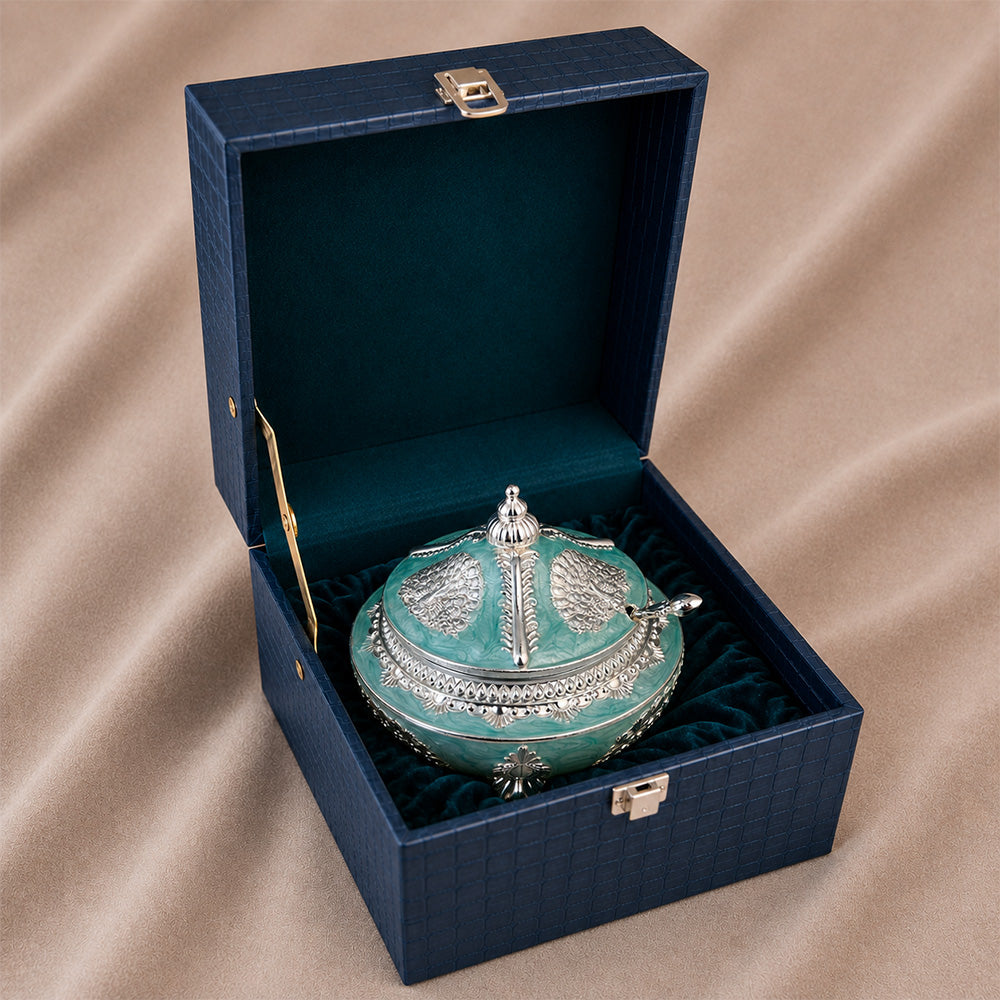 Diviniti Premium Silver-Plated Decorative Sugar Pot | Turquoise Enamel Lidded Bowl for Festive Serving & Home Décor