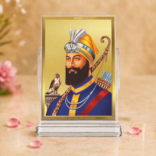 24K Gold-Plated Guru Gobind Singh Ji Acrylic Car Dashboard Frame | 11x7 CM