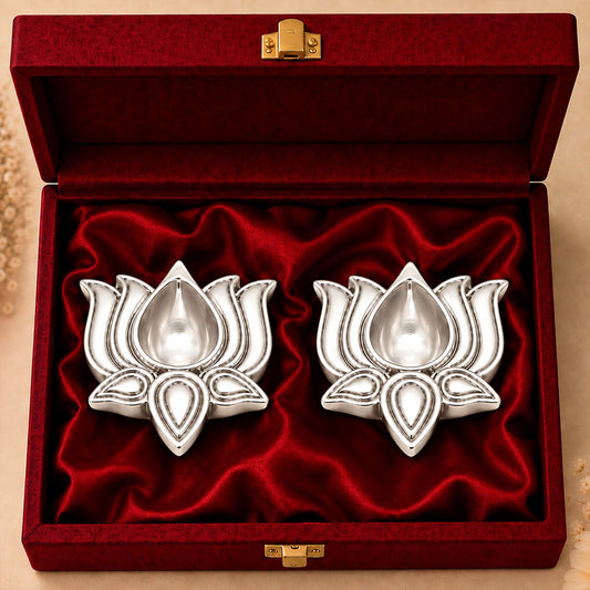 999 Silver-Plated Lotus Diya Pair | Premium Gift Box | 8x8 CM