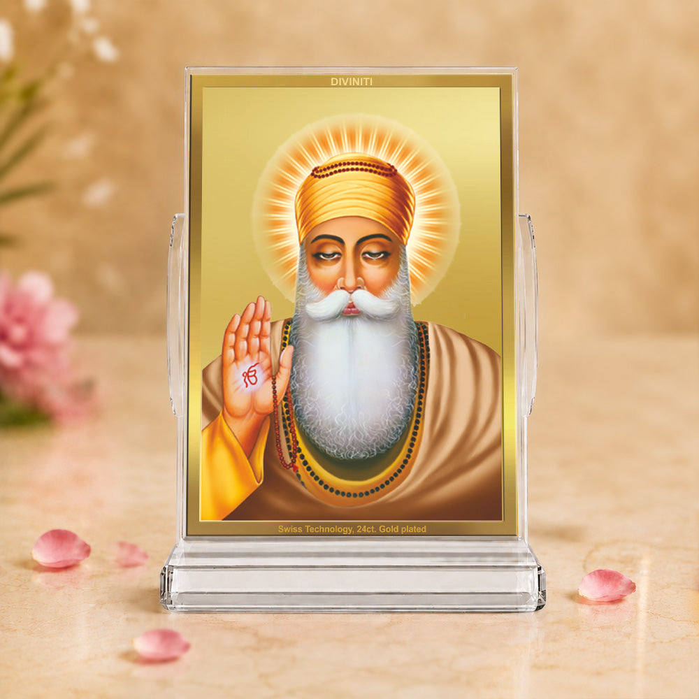 24K Gold-Plated Guru Nanak Dev Ji Acrylic Car Dashboard Frame | 11x7 CM