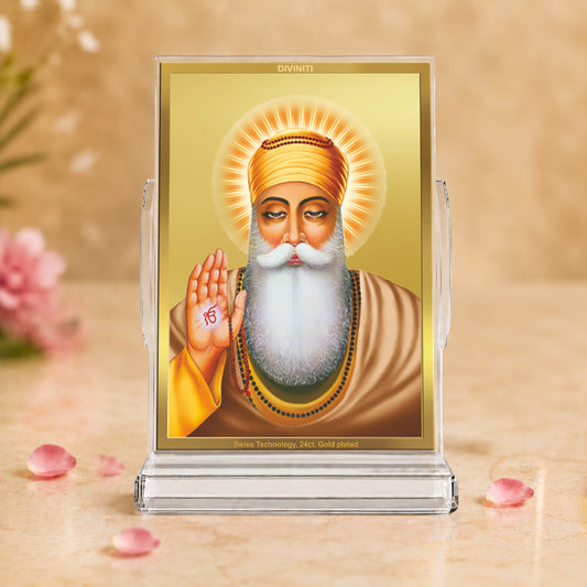 24K Gold-Plated Guru Nanak Dev Ji Acrylic Car Dashboard Frame | 11x7 CM
