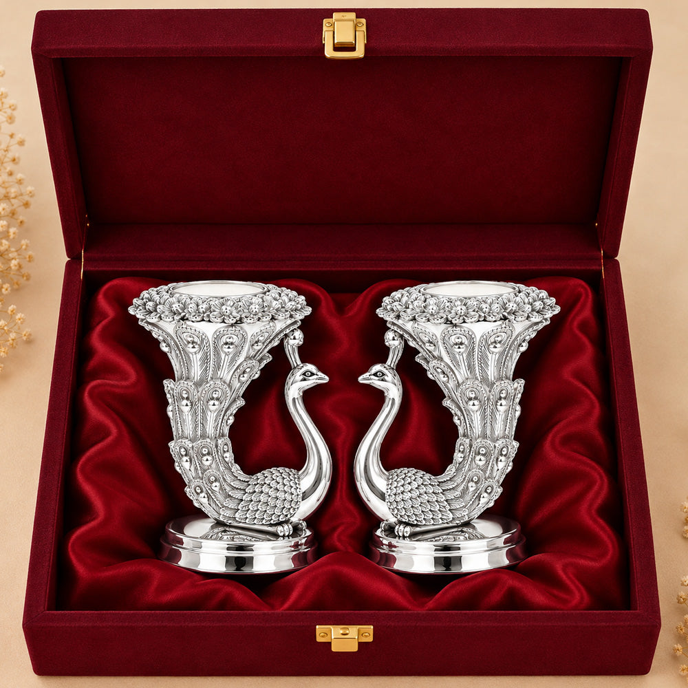 999 Silver-Plated Peacock Candle Holder Pair | Premium Gift Box | 10x8 CM