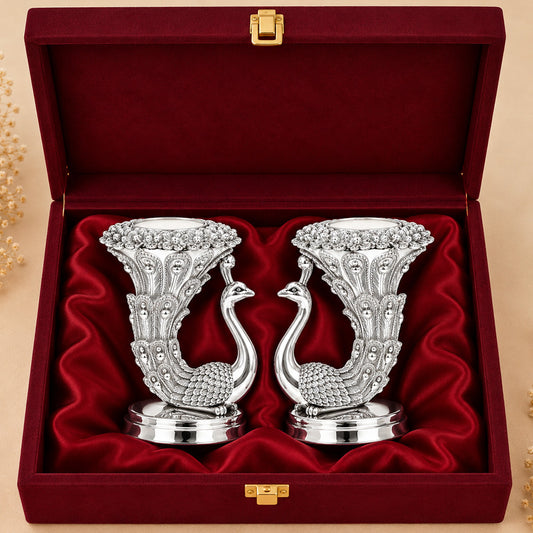 999 Silver-Plated Peacock Candle Holder Pair | Premium Gift Box | 10x8 CM