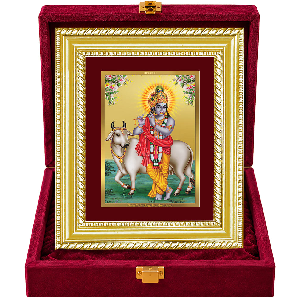 24K Gold-Plated Lord Krishna with Surbhi Cow Frame | Premium Gift Box | 21.5x17.5 CM