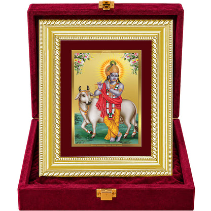 24K Gold-Plated Lord Krishna with Surbhi Cow Frame | Premium Gift Box | 21.5x17.5 CM