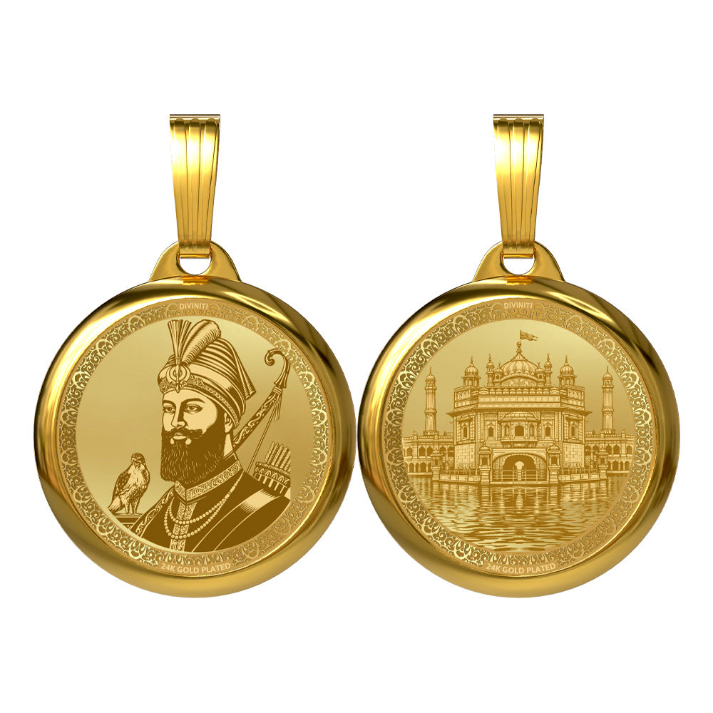24K Gold Plated Guru Gobind Singh Ji & Golden Temple Pendant – 22mm Double-Sided Spiritual Pendant