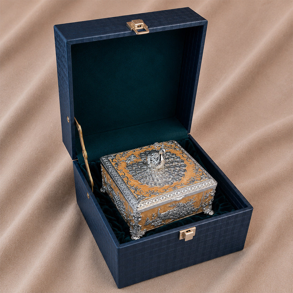 Diviniti Premium German Silver 2-Part Box | Peach Enamel Dry Fruit & Sweet Box for Wedding & Festive Gifting