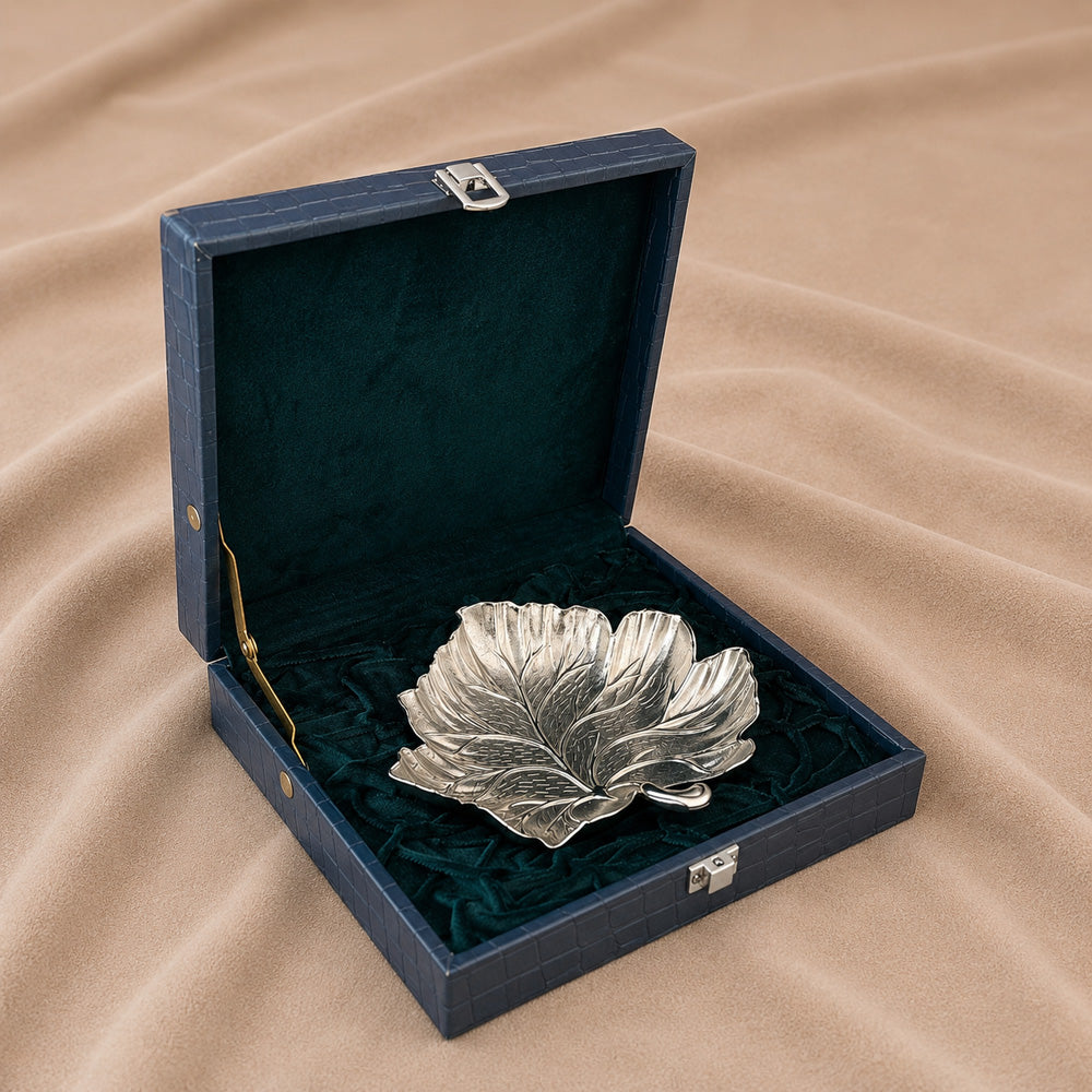 Diviniti Silver-Plated Leaf Decorative Bowl | Luxury Leaf-Shaped Serving Bowl for Dry Fruits, Sweets & Home Décor