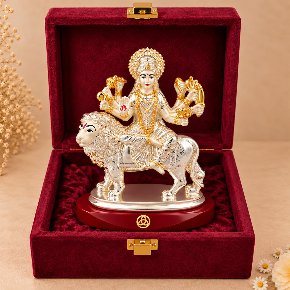 DIVINITI 999 Silver-Plated Sherawali Mata Idol | Car & Home Decor | Gift Box | 10x5 CM