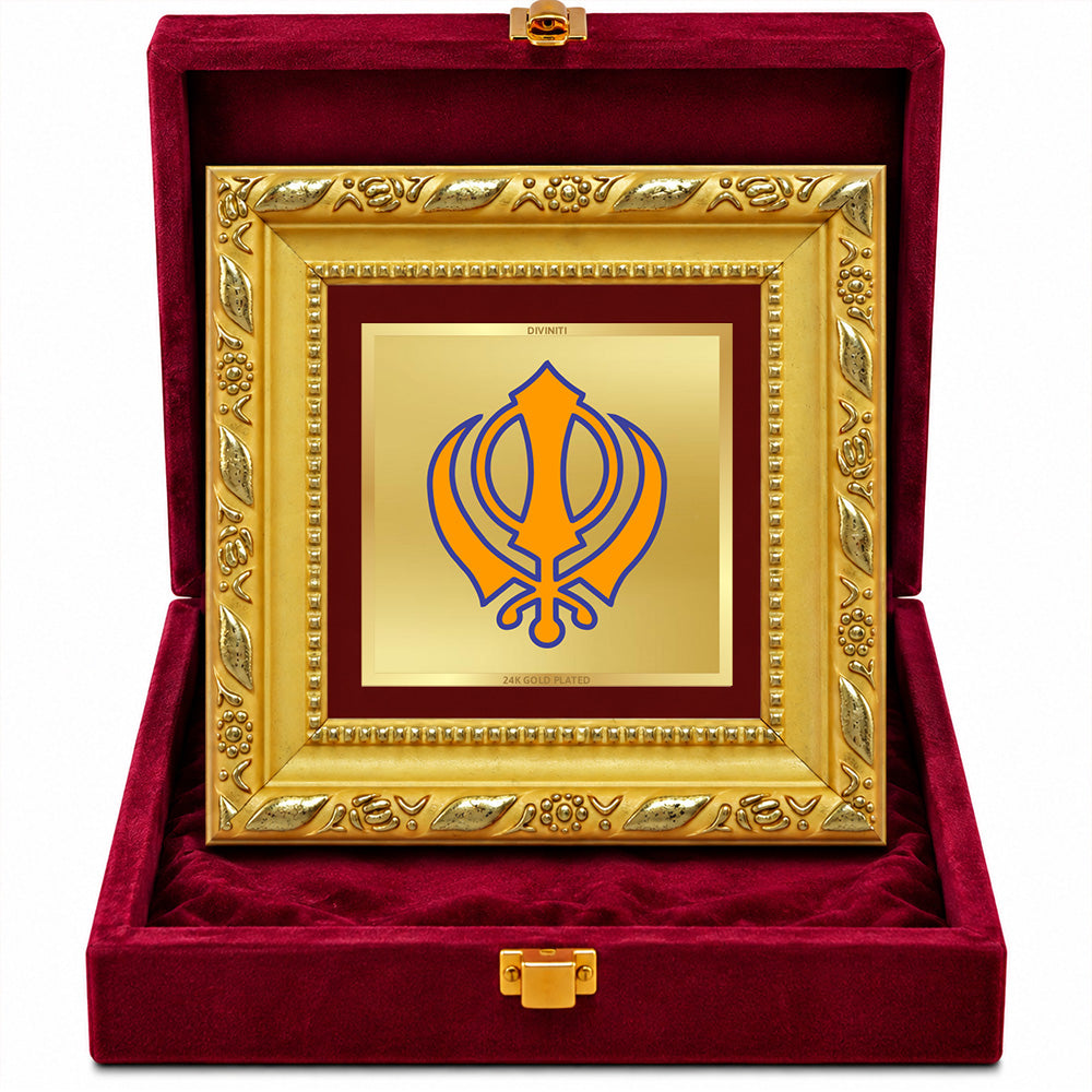 24K Gold-Plated Khanda Sahib Frame | Premium Gift Box | 10x10 CM