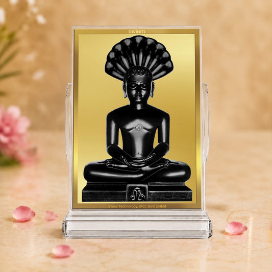 24K Gold-Plated Parshwanath Ji Acrylic Car Dashboard Frame | 11x7 CM