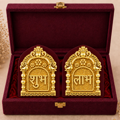 24K Gold-Plated Subh Labh Pair | Premium Gift Box | 11x8 CM
