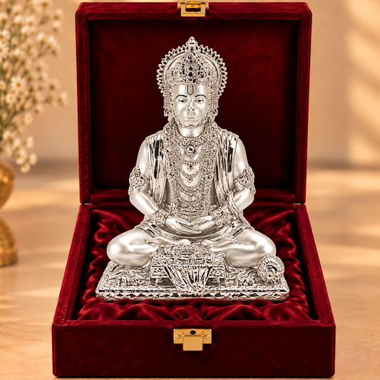 999 Silver-Plated Meditating Lord Hanuman Idol | Premium Gift Box | 20x16 CM