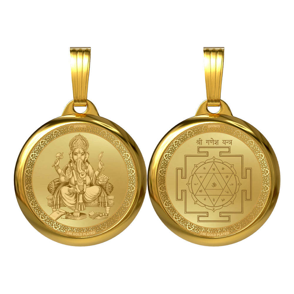 Diviniti 24K Gold Plated Lord Ganesha & Sacred Yantra Pendant – 18mm Double-Sided Spiritual Pendant