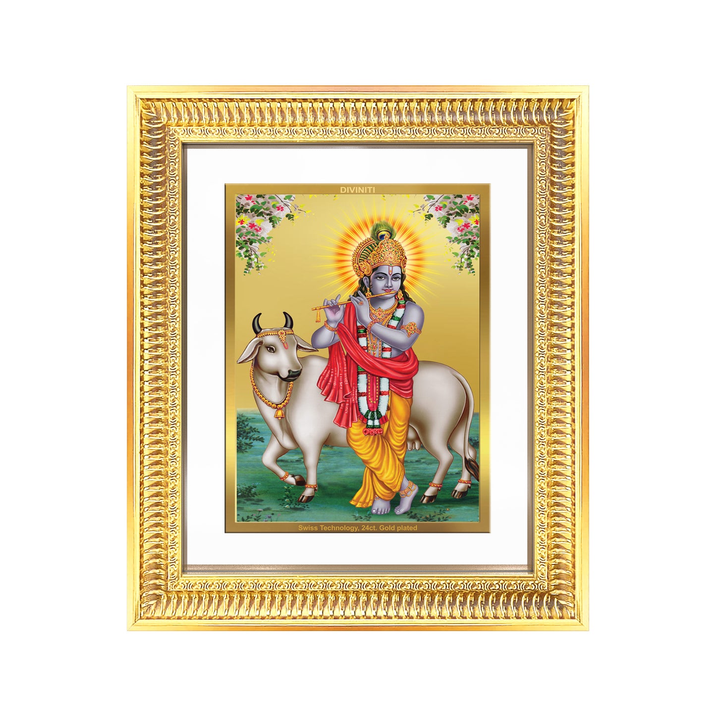 Diviniti 24K Gold Plated Krishna With Surbhi Cow (Classic) Divine Wall Frame for Home Mandir & Office Decor | Luxury Spiritual Gift