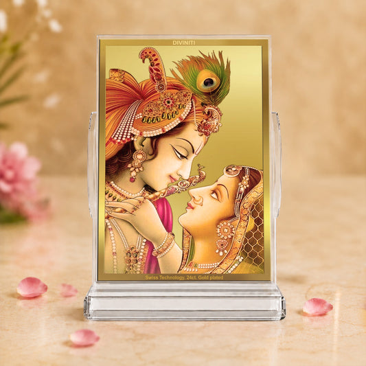 24K Gold-Plated Radha Krishna Acrylic Car Dashboard Frame | 11x7 CM