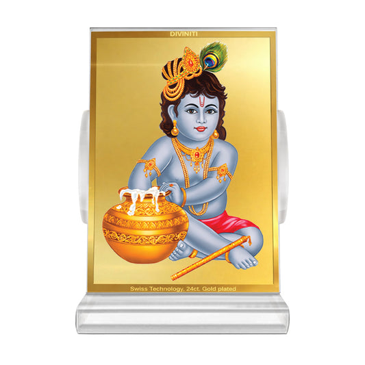 Makkan Gopal | Divine Lord Krishna Car Dashboard & Tabletop Photo Frame in 24K Gold Plated Foil
