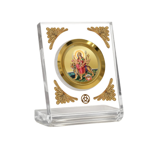 Diviniti 24K Gold Plated Durga Sherawali Mata with Pind Acrylic Car Dashboard Frame | Vaishno Devi Blessings for Car, Home Décor, Tabletop & Puja Room | Protection, Strength & Prosperity (ACF1CH)