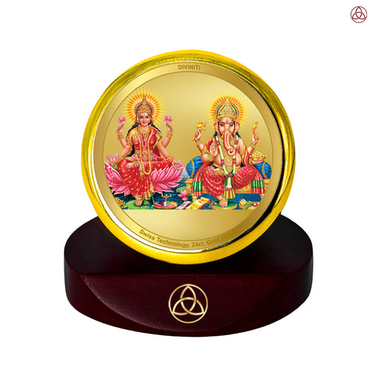 Lakshmi & Ganesha | Divine Goddess Lakshmi and Lord Ganesha Car Dashboard & Tabletop Photo Frame in 24K Gold Plated Foil