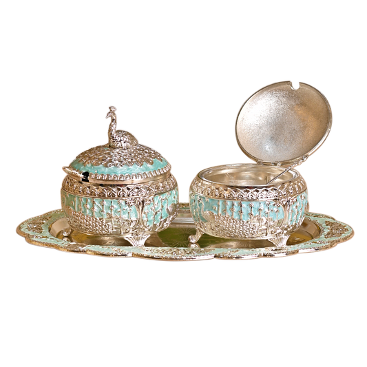 Diviniti Vintage Silver Plated Sugar Bowl Dry Fruit Peacock Container Jar Set with Serving Tray Traditional Parties and Dining Collection for Luxury Home Decor & Tabletop
