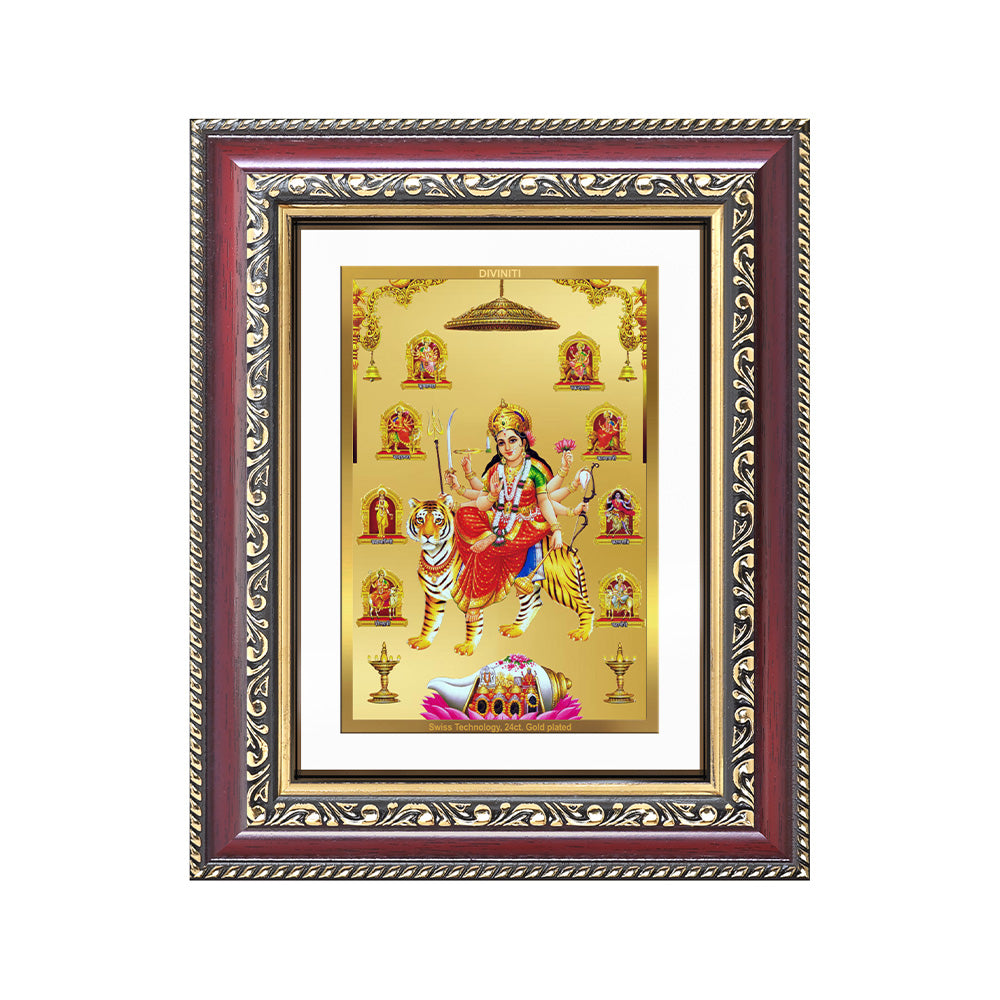 Diviniti 24K Gold Plated Nav Durga (Classic) Divine Wall and Table Top Frame for Home Mandir & Office Decor | Luxury Spiritual Gift