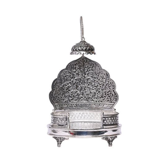 Pure Silver Singhasan Mandir Antique Temple Divine Décor Vintage Handcrafted Pooja Stand (17x18.5x26 cm,669.5g )