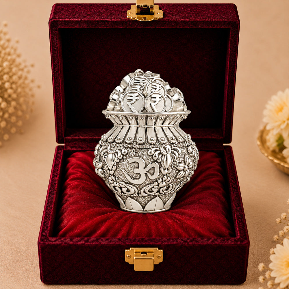 999 Silver-Plated Om Coin Kalash | Premium Gift Box | 9x5 CM