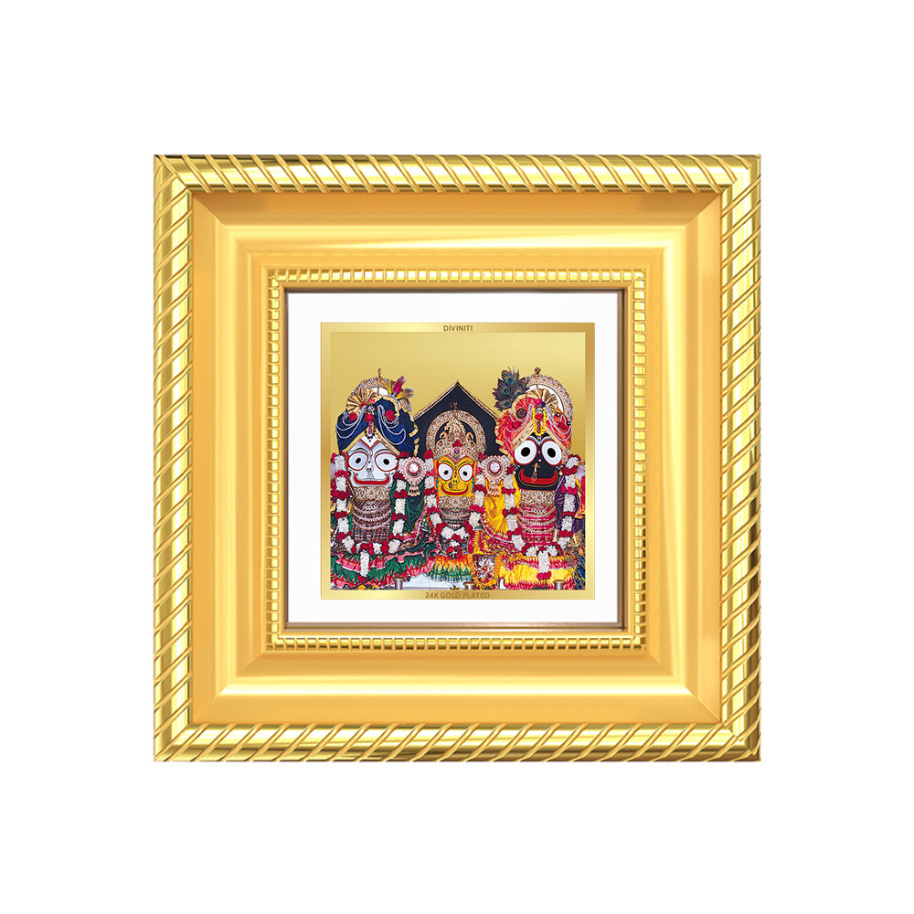 Diviniti Jagannath Subhadra Balabhadra Tabletop Photo Frame in 24K Gold Plated Foil | Devotion, Harmony & Divine Blessings | DG015S1A (10x10 CM)
