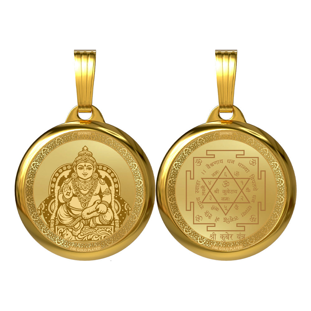 Diviniti 24K Gold Plated Lord Kuber & Sacred Yantra Pendant – 18mm Double-Sided Spiritual Pendant