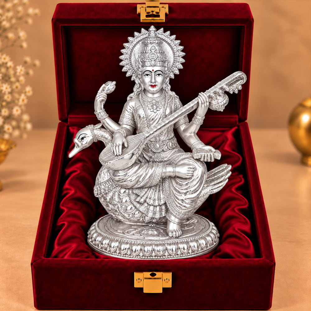 999 Silver-Plated Goddess Saraswati Idol | Premium Gift Box | 21x18 CM