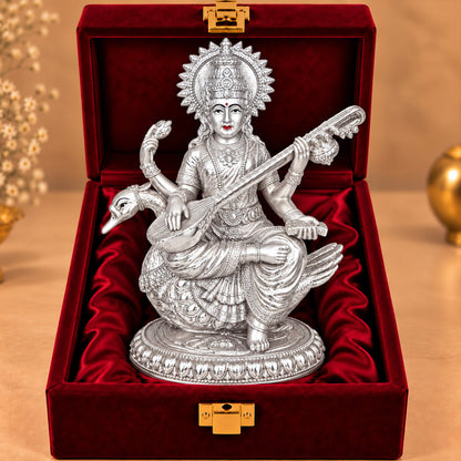 999 Silver-Plated Goddess Saraswati Idol | Premium Gift Box | 21x18 CM