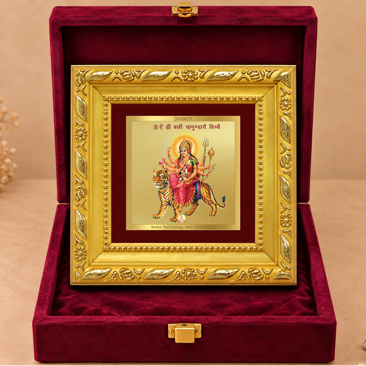 24K Gold-Plated Durga Mata Frame | Premium Gift Box | 10x10 CM