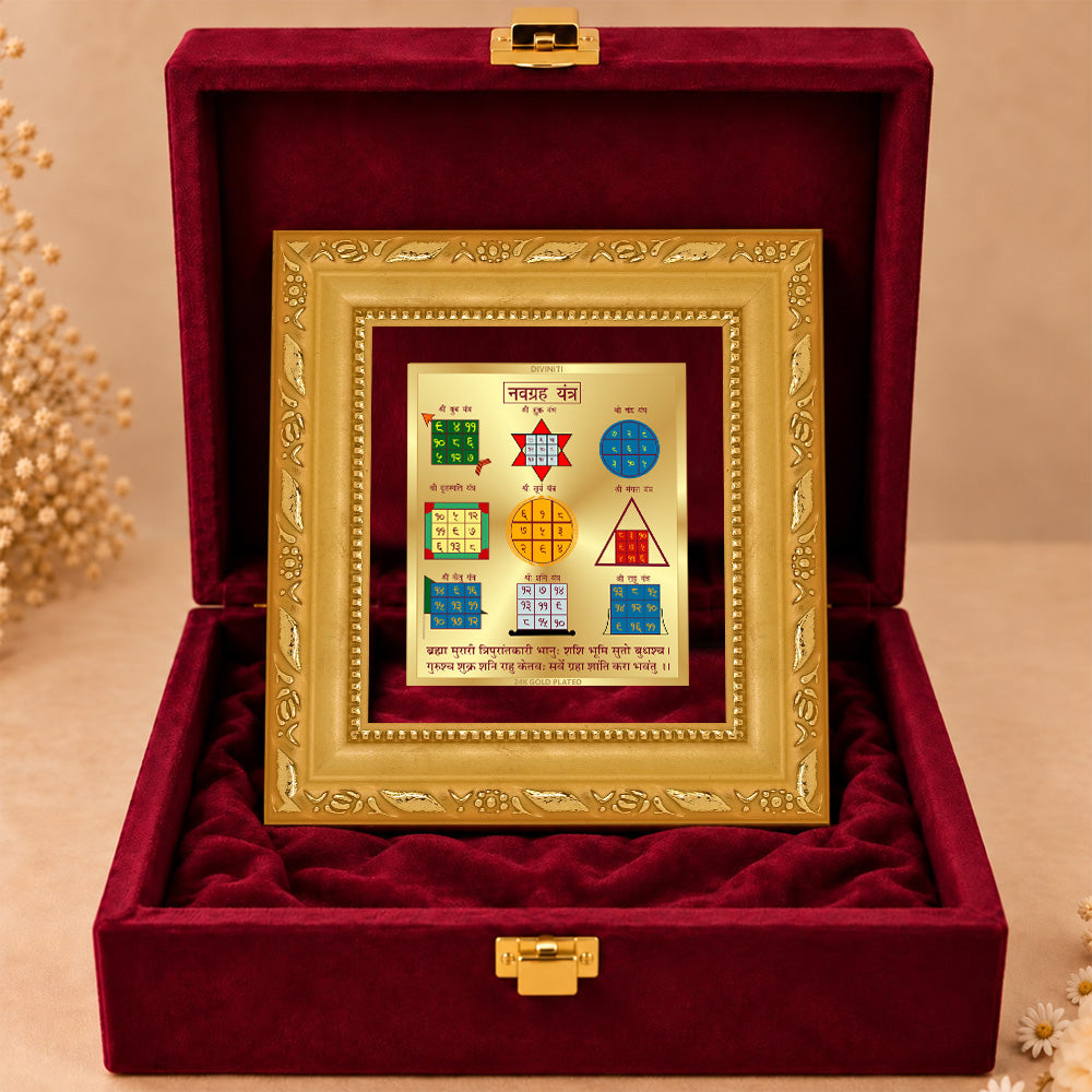 24K Gold-Plated Navagraha Yantra Frame | Premium Gift Box | 12x11 CM
