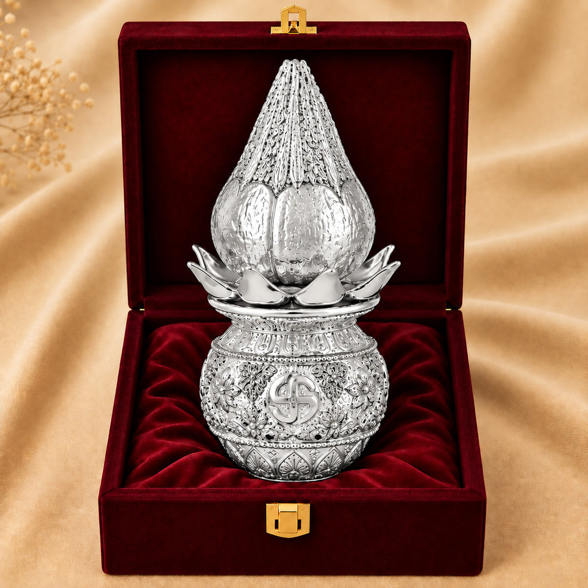 999 Silver-Plated Lakshmi Kalash with Coconut | Premium Gift Box | 16x8 CM