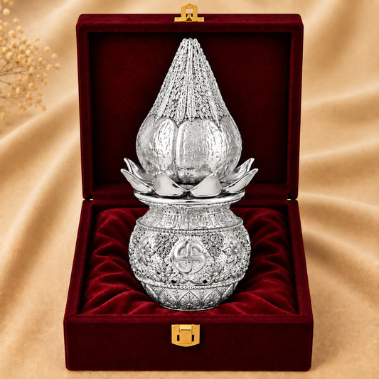 999 Silver-Plated Lakshmi Kalash with Coconut | Premium Gift Box | 16x8 CM