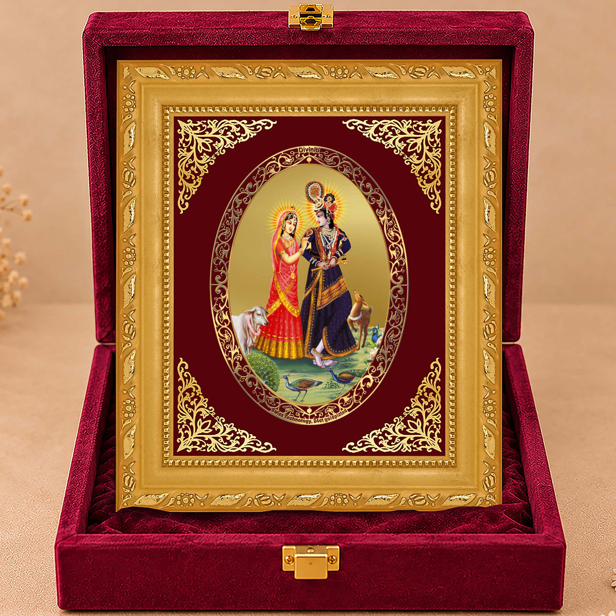 24K Gold-Plated Radha Krishna with Cow Frame | Premium Gift Box | 21.5x17.5 CM