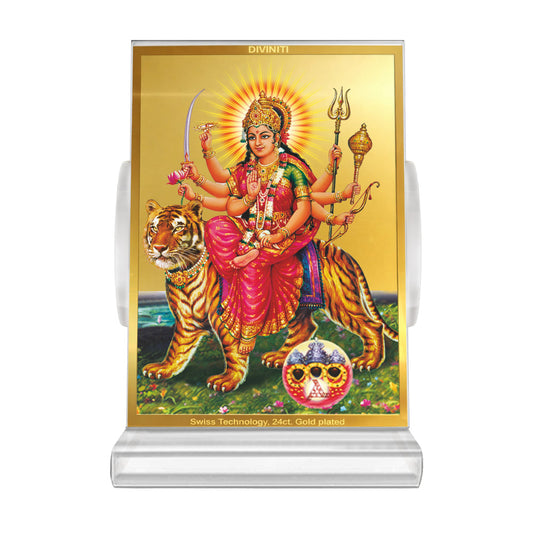Durga Sherawali Mata with Pind | Divine Goddess Durga Car Dashboard & Tabletop Photo Frame in 24K Gold Plated Foil
