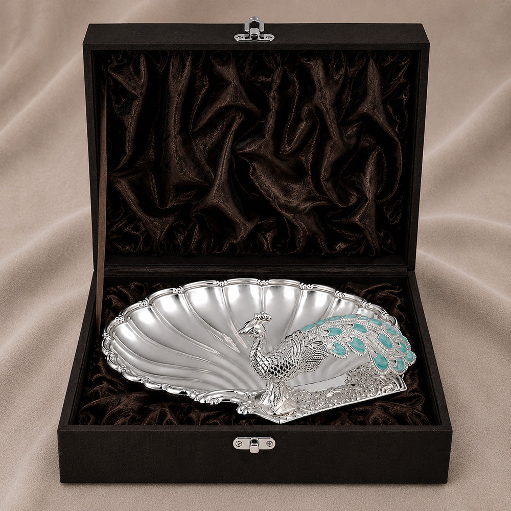 Diviniti Peacock German Silver Dry Fruit Bowl with Gift Box